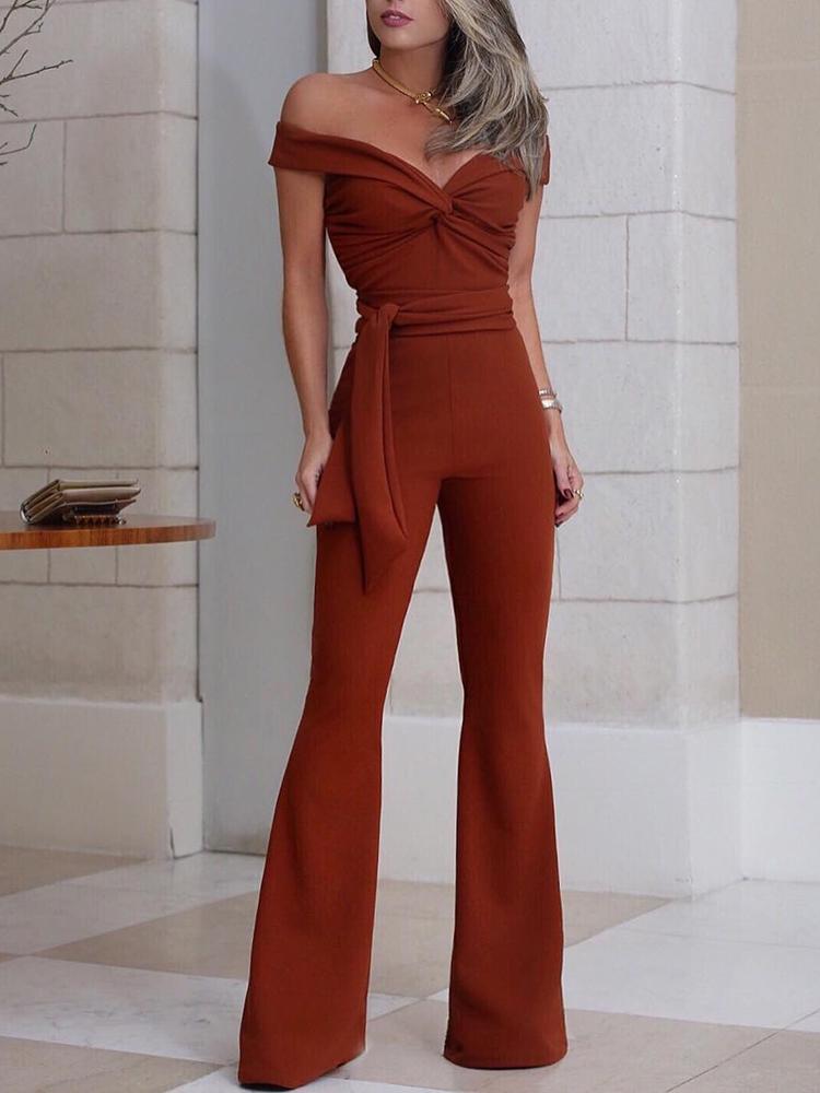 

Off Shoulder Twist Front Flare Jumpsuit With Belt
