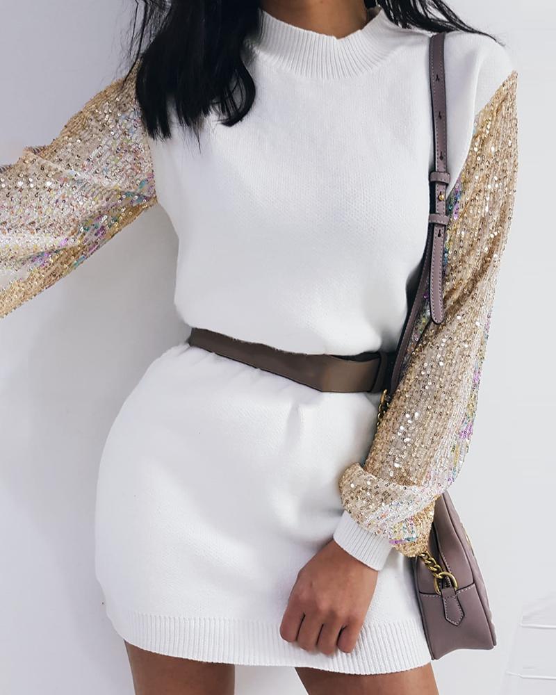 

Lantern Sleeve Sequins Long Sleeve Sweater Dress, White