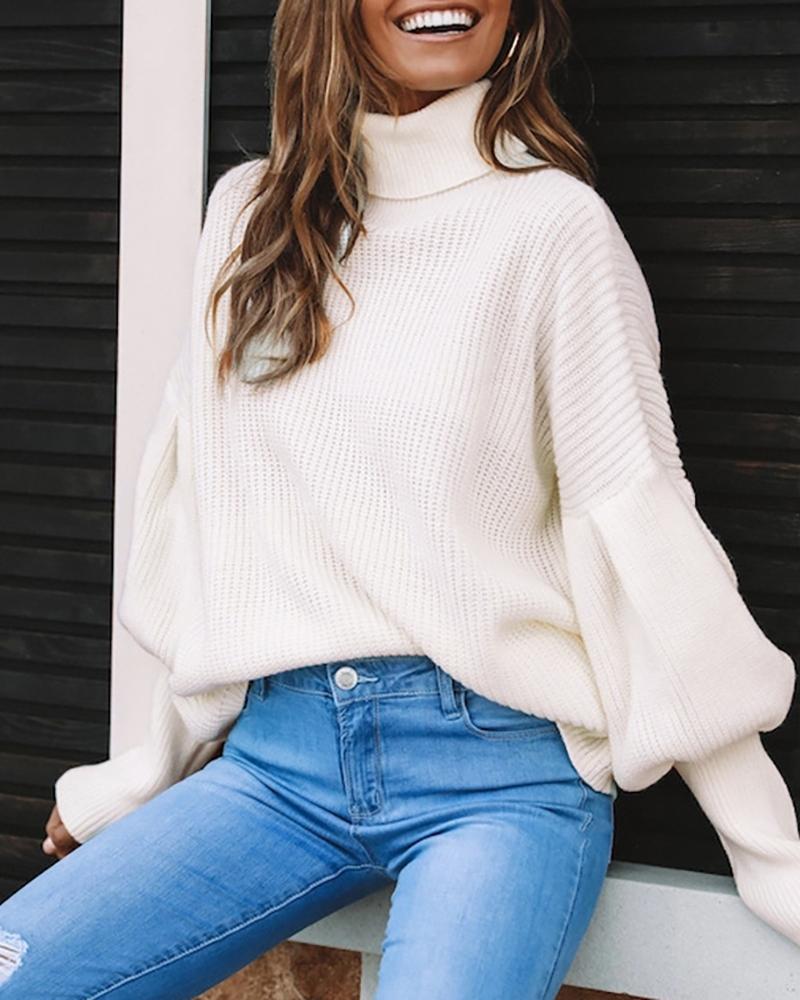 

High Neck Lantern Sleeve Solid Sweater, Beige