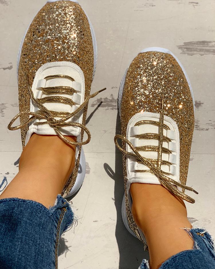 

Sequins Embellished Lace-Up Casual Sneakers, Gold