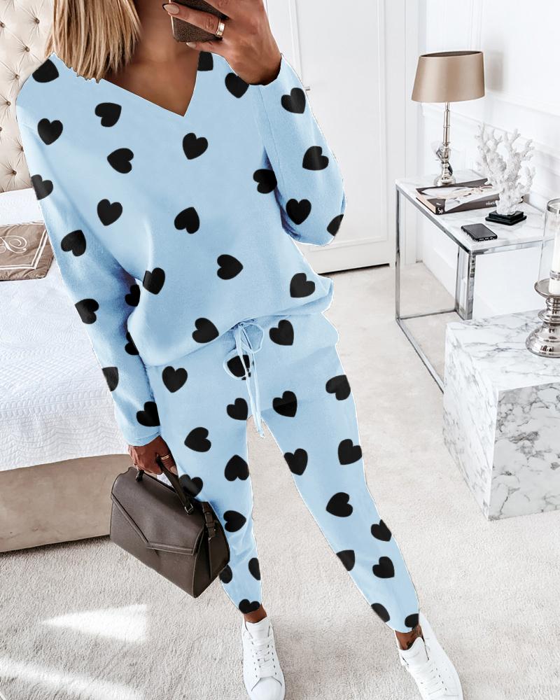 

All Over Heart Print Long Sleeve Top & Drawstring Waist Pants Set, Blue