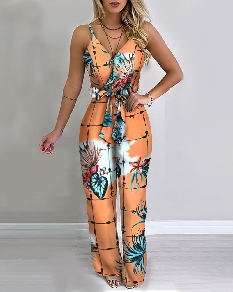 

Floral Print Spaghetti Strap Jumpsuit, Orange