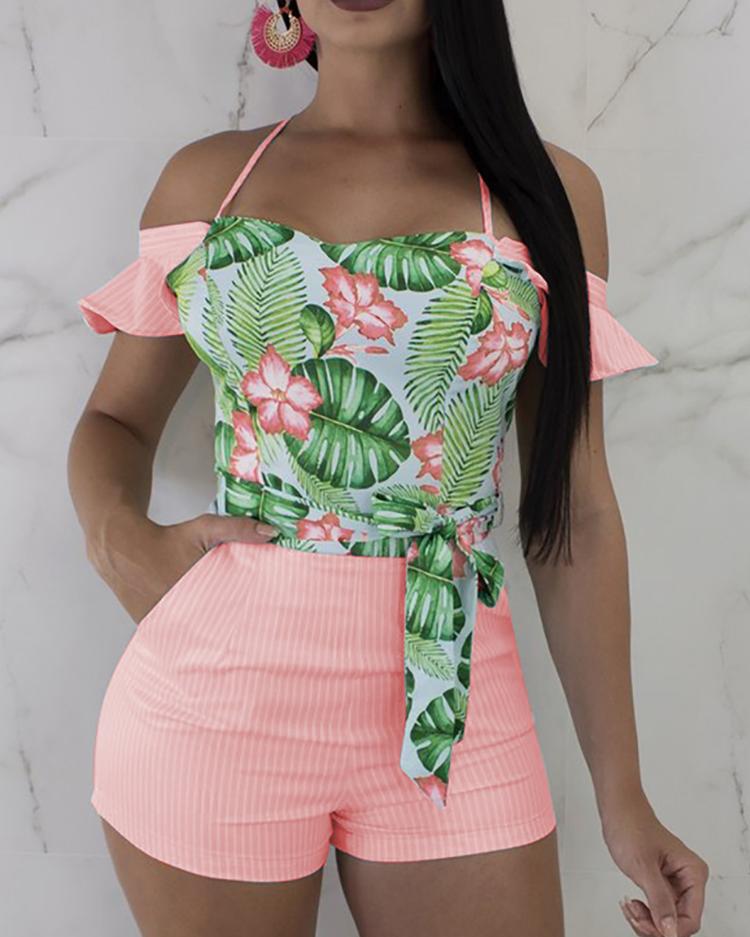 

Tropical Print Halter Belted Bardot Romper, Pink