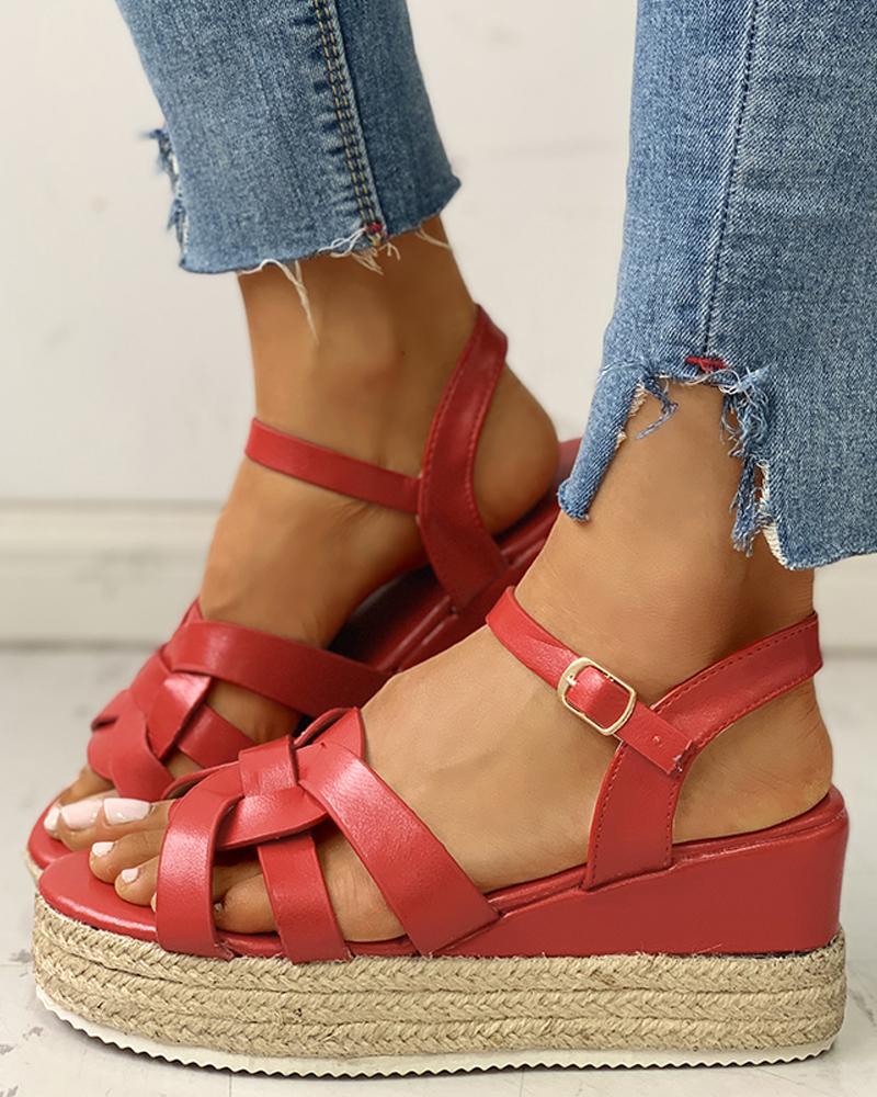 

Multi-Strap Buckled Platform Wedge Muffin Sandals, Red