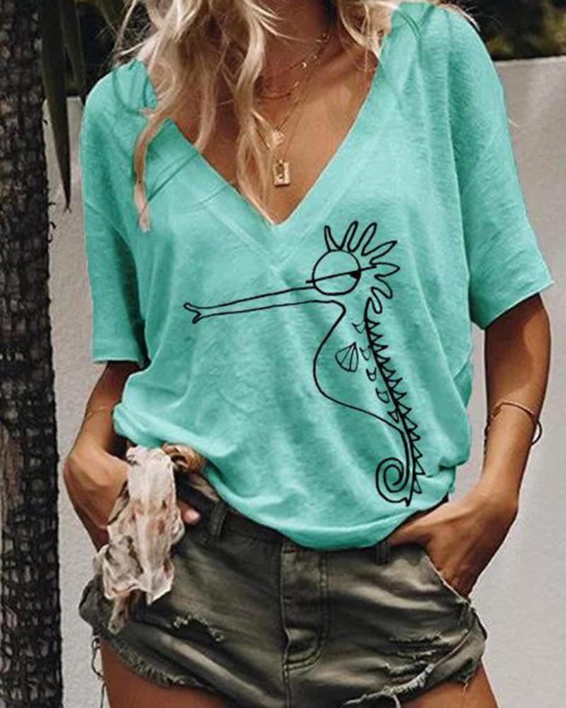 

V-neck printed casual short sleeve women's top, Green