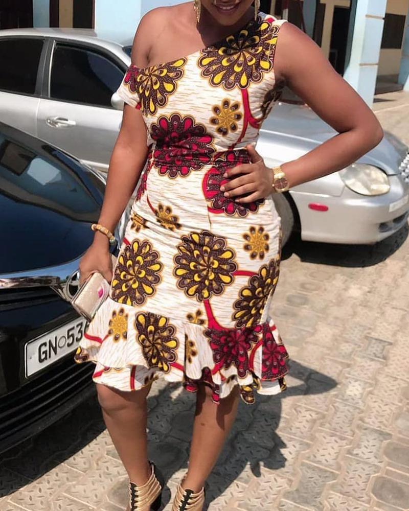 

One Shoulder Floral Print Dress, Multicolor