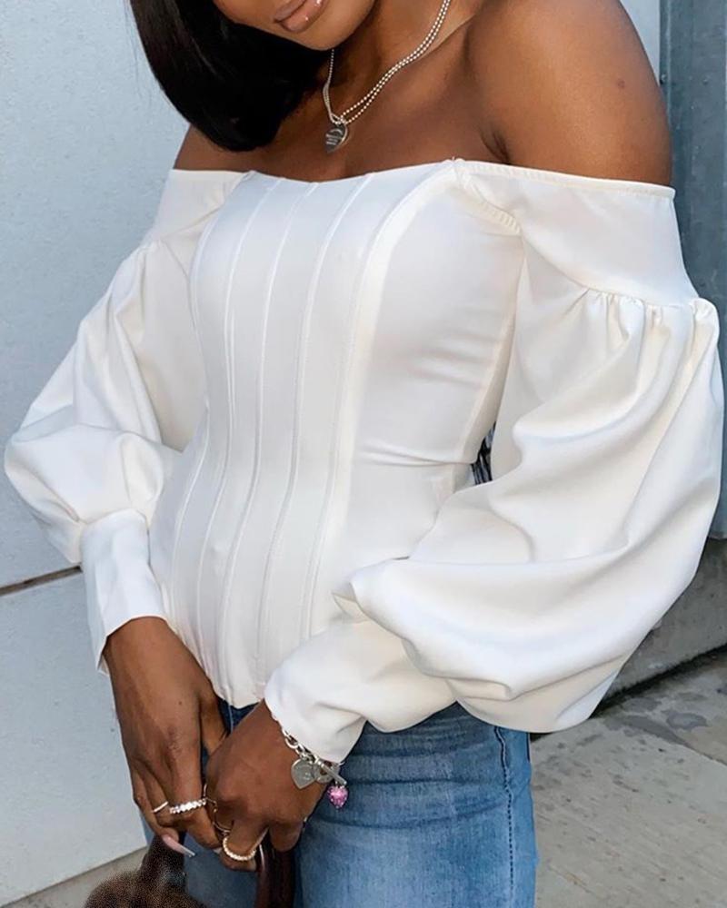 

Solid Off Shoulder Lantern Sleeve Casual Blouse, White