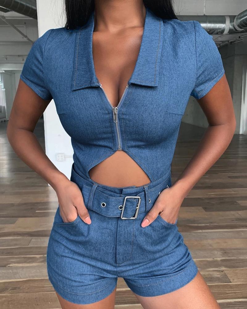 

Zipper Buckled Design Cut Out Romper, Dark blue