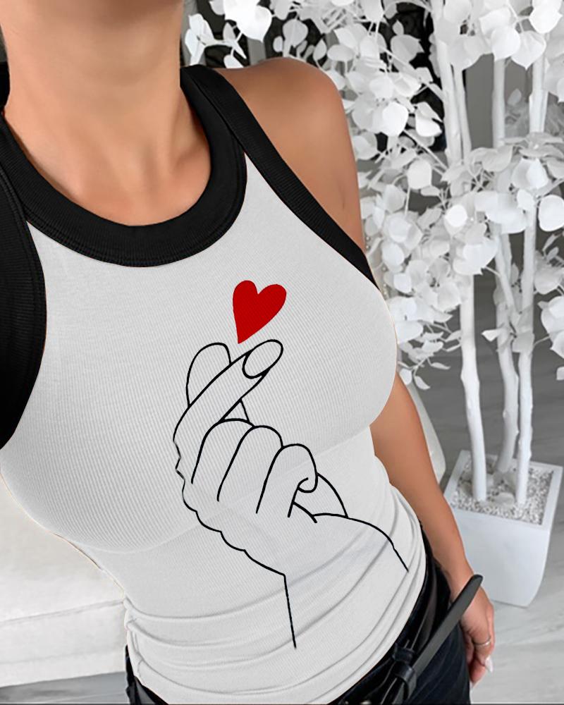 

Heart Print Casual Tank Top, White