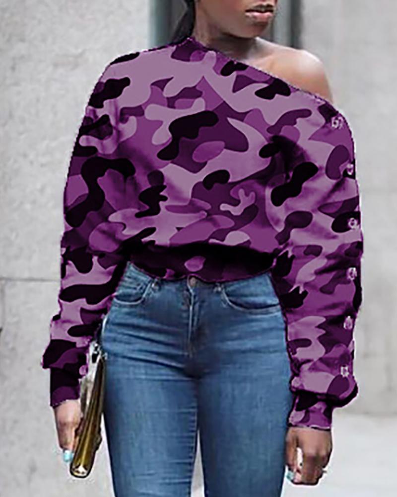 

Skew Neck Camouflage Long Sleeve Buttoned Blouse, Purple