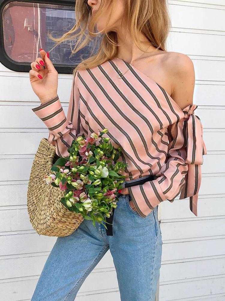 

Stripes Skew Neck Knotted Sleeve Blouse