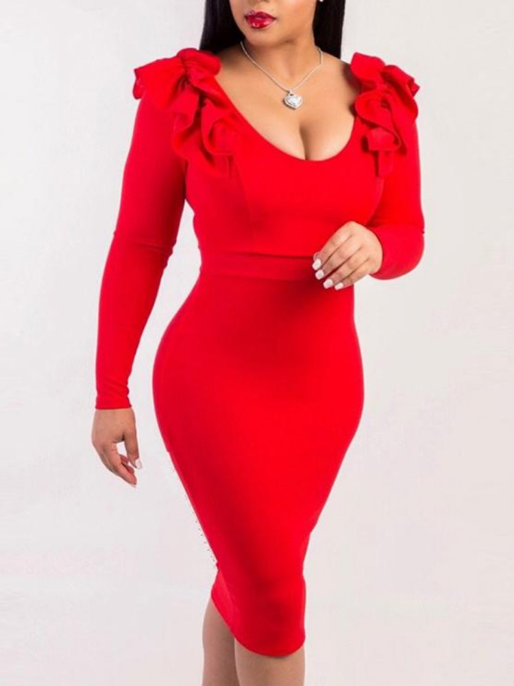 

Frills Shoulder Long Sleeve Bodycon Dress, Red