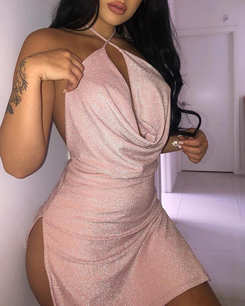 

Glitter Halter Backless High Slit Party Dress, Pink