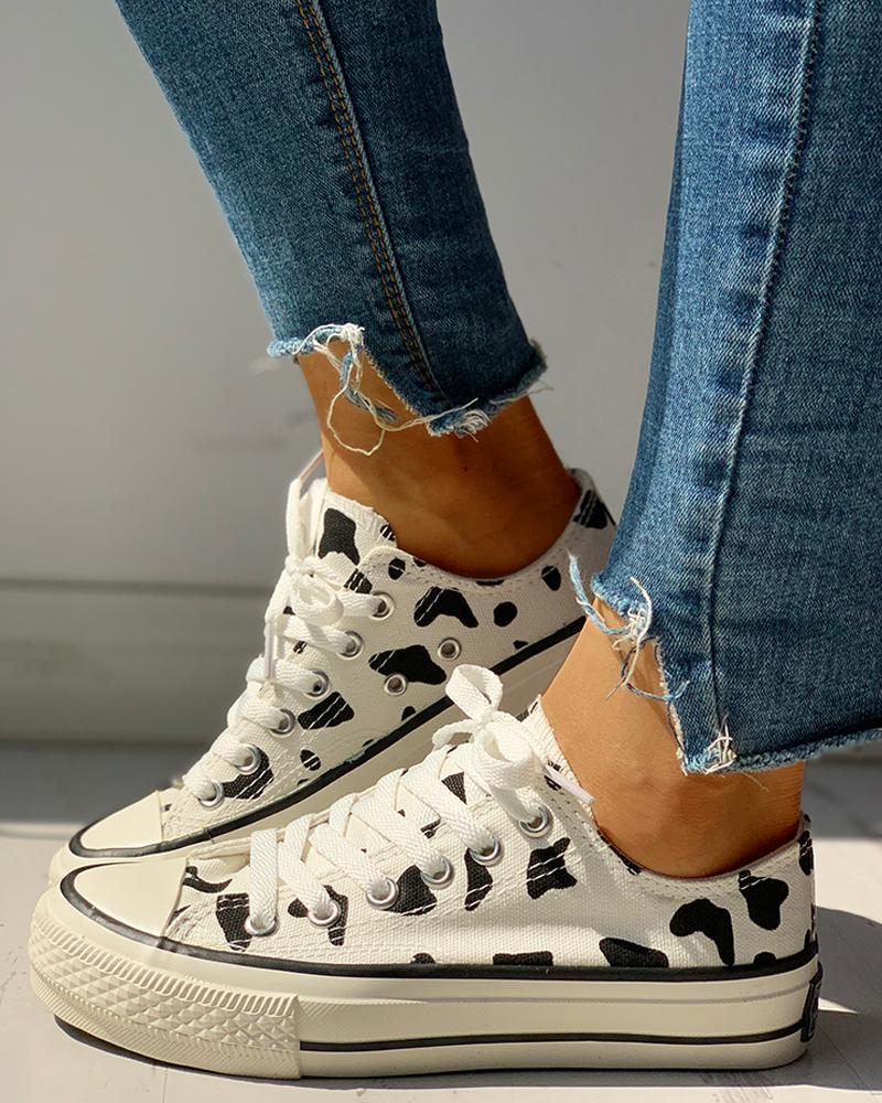 

Abstract Print Lace-Up Sneakers, White
