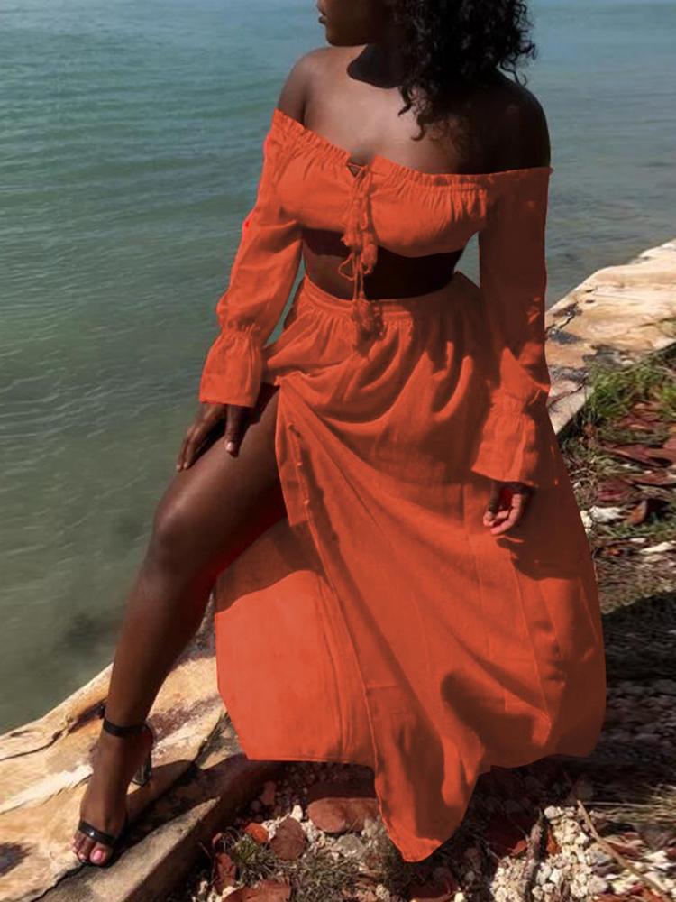 

Solid Off Shoulder Top With Maxi Skirt Sets