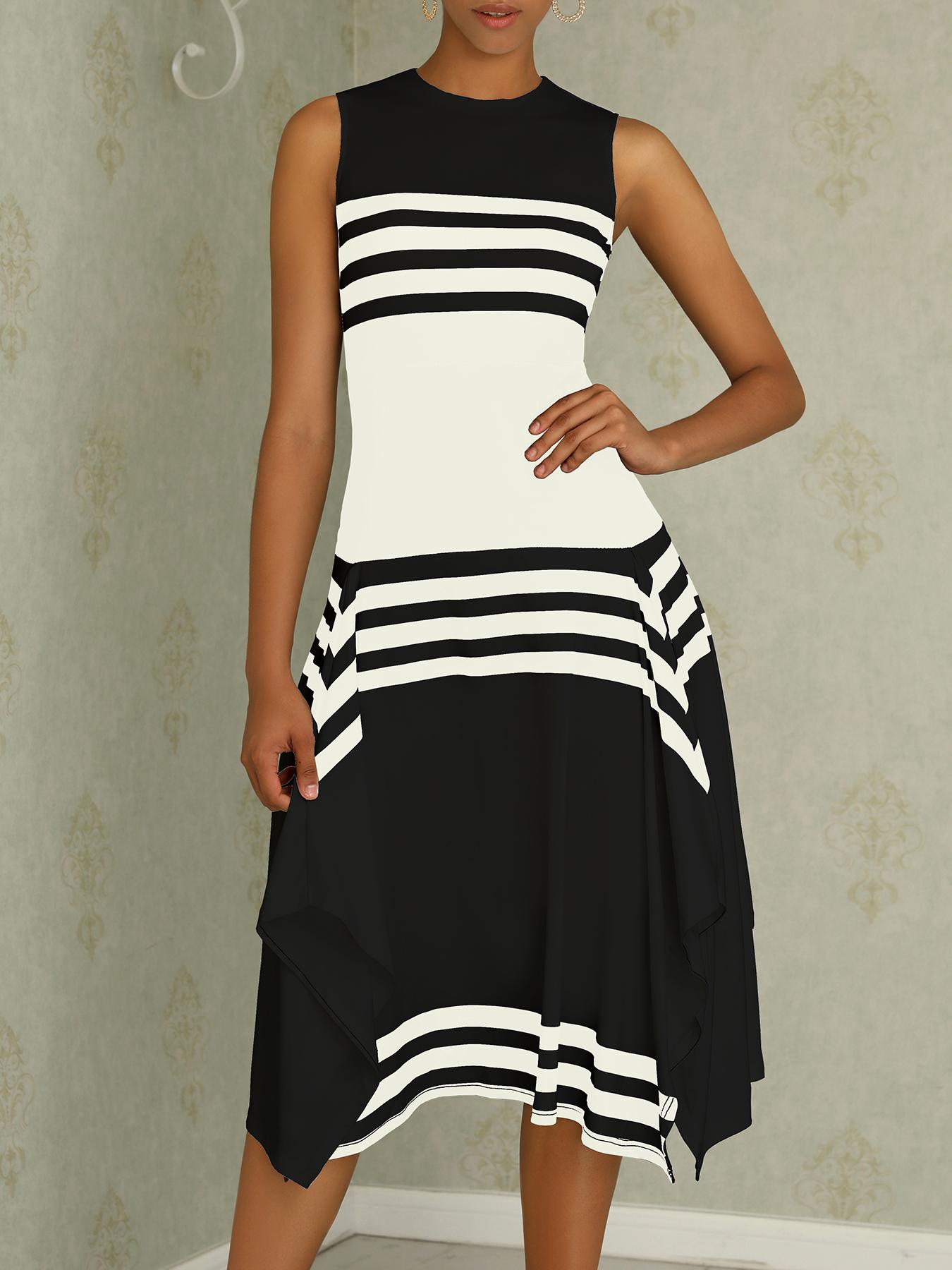 

Contrast Stripes Splicing Irregular Hem Dress, Black