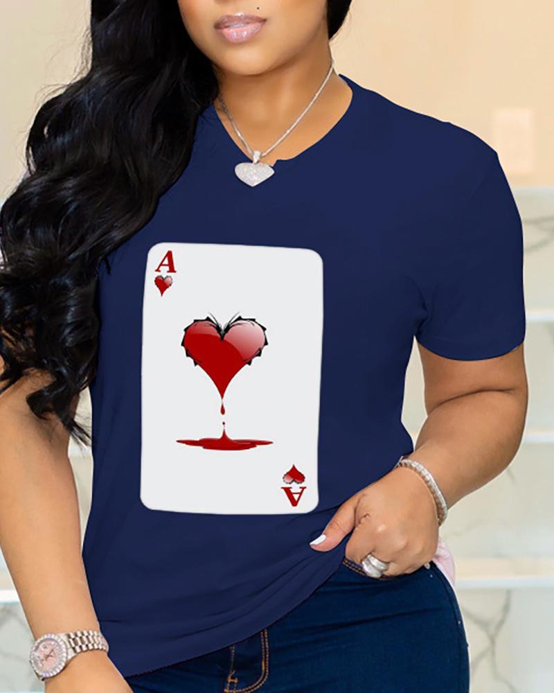 

Heart Poker Print Short Sleeve Casual T-shirt, Dark blue