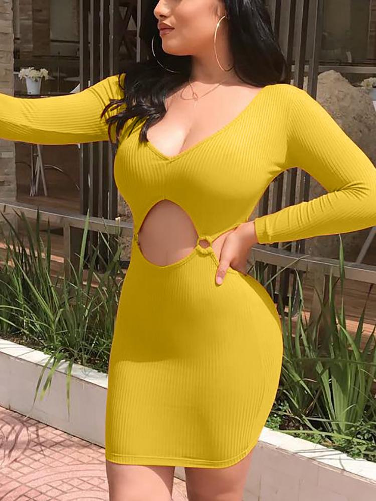 

Solid Long Sleeve Cutout Waist Bodycon Dress