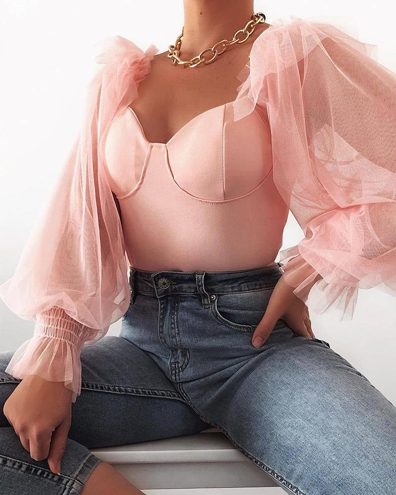 

Sheer Mesh Lantern Sleeve Bodice Blouse, Pink