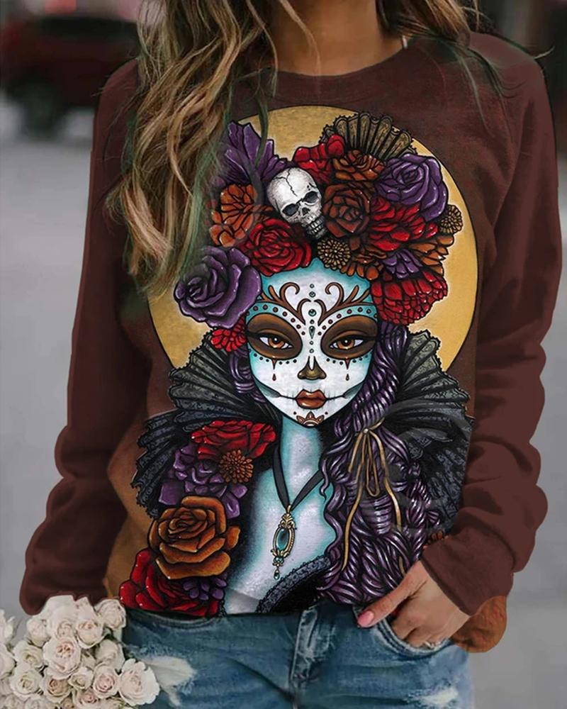 

Halloween Witch Pattern Skull Print Casual Sweatshirt, Brown