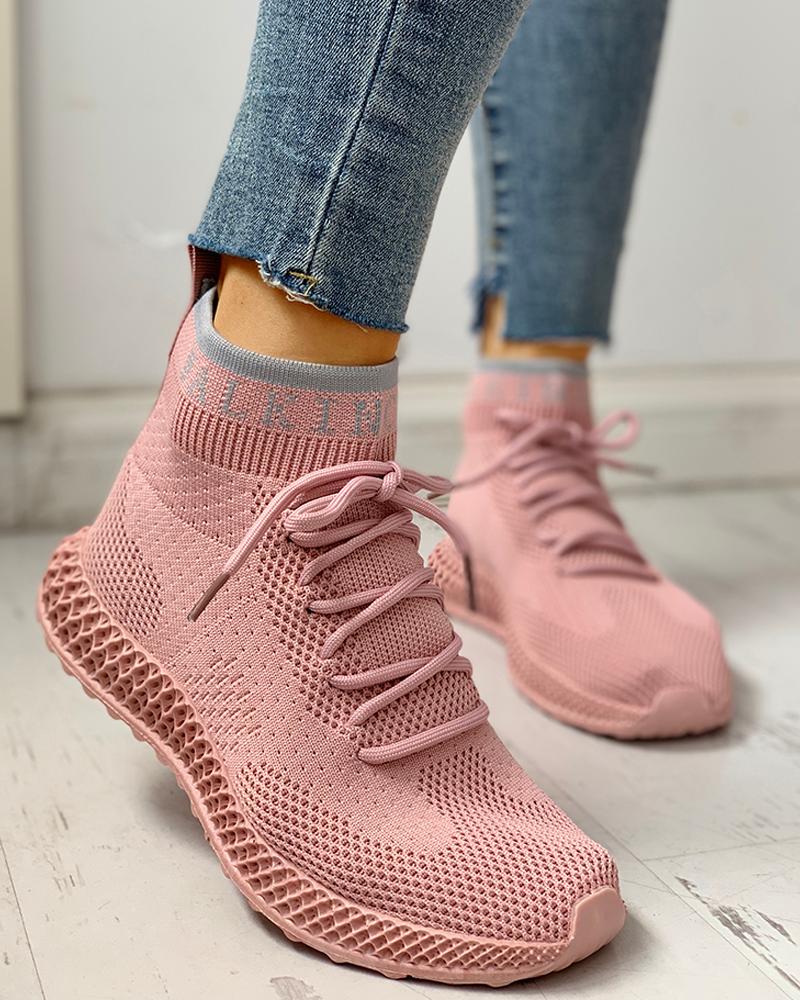 

Net Surface Breathable Lace-Up Casual Sneakers, Pink