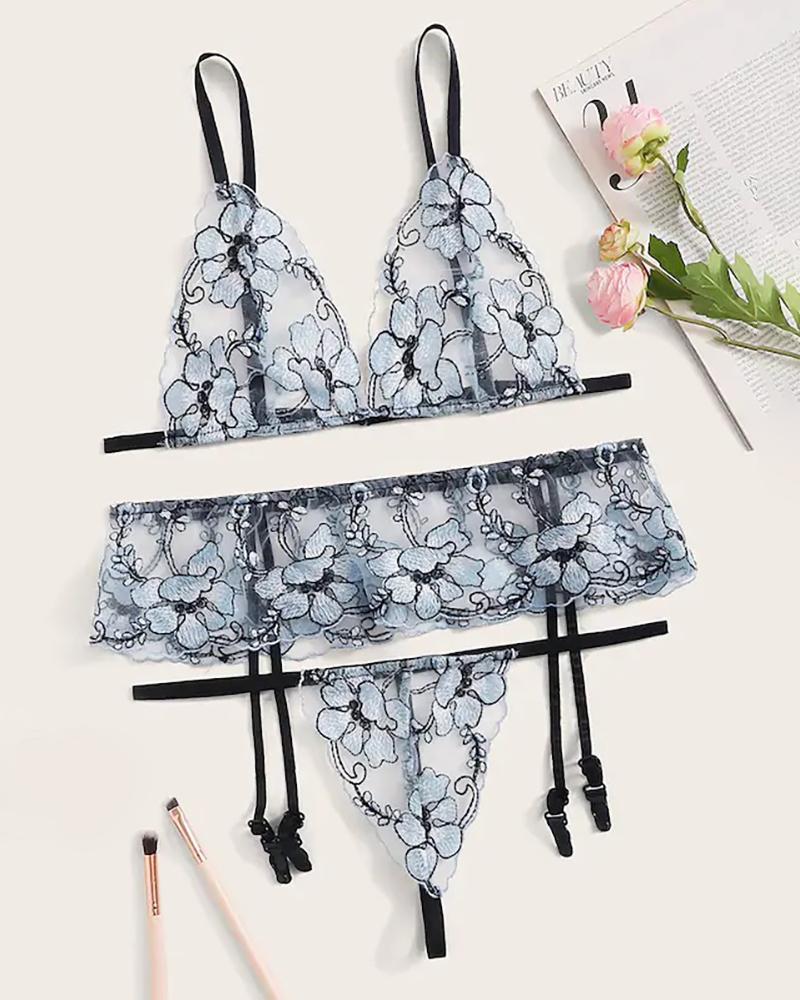 

Flower Embroidery Sheer Mesh Garter Lingerie Set, Blue