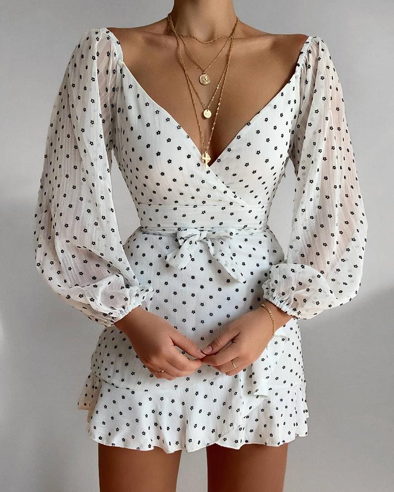 

Floral Print Mesh Sleeve Ruffles Hem Dress, White