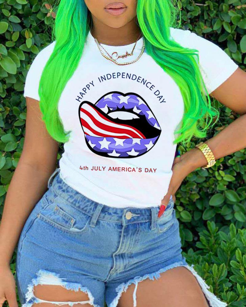 

Flag Print Lip Pattern Casual T-shirt, Style2