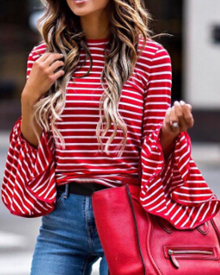 

Flare Sleeve Striped Blouse, Red