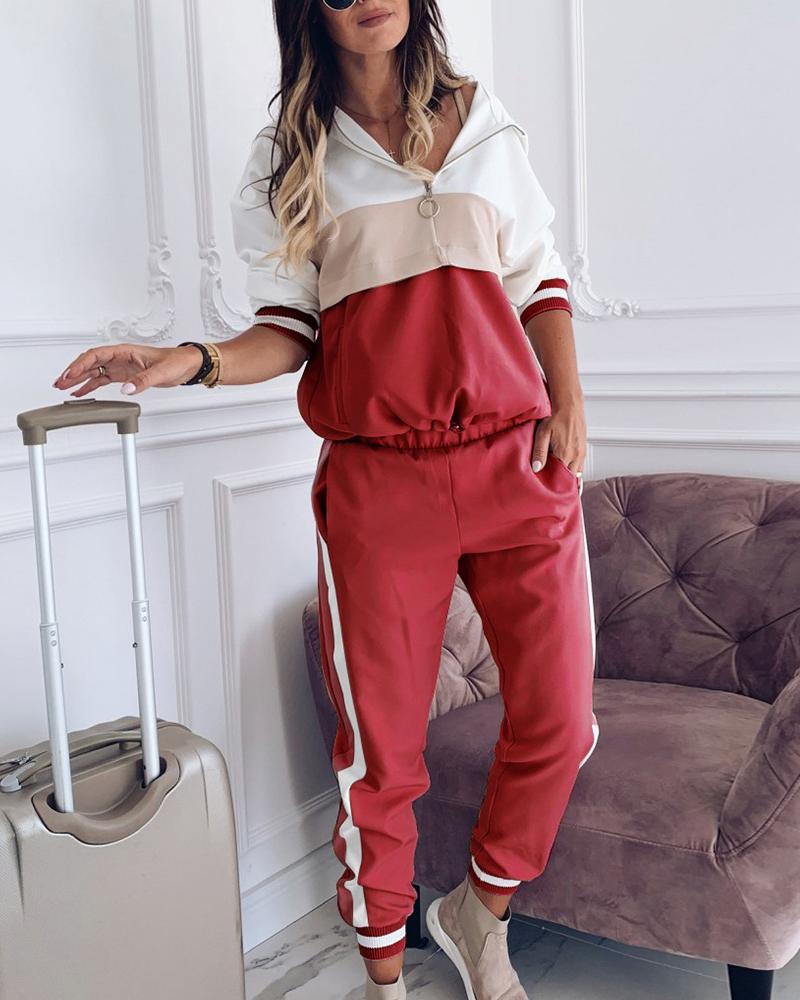 

Colorblock Zipped Hooded Top & Casual Pant Sets, Red