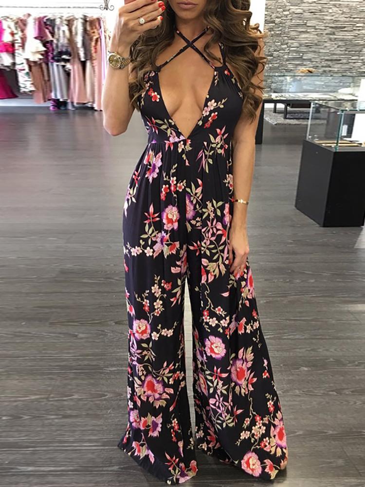 

Vintage Floral Open Back Crisscross Flared Jumpsuit, Multicolor