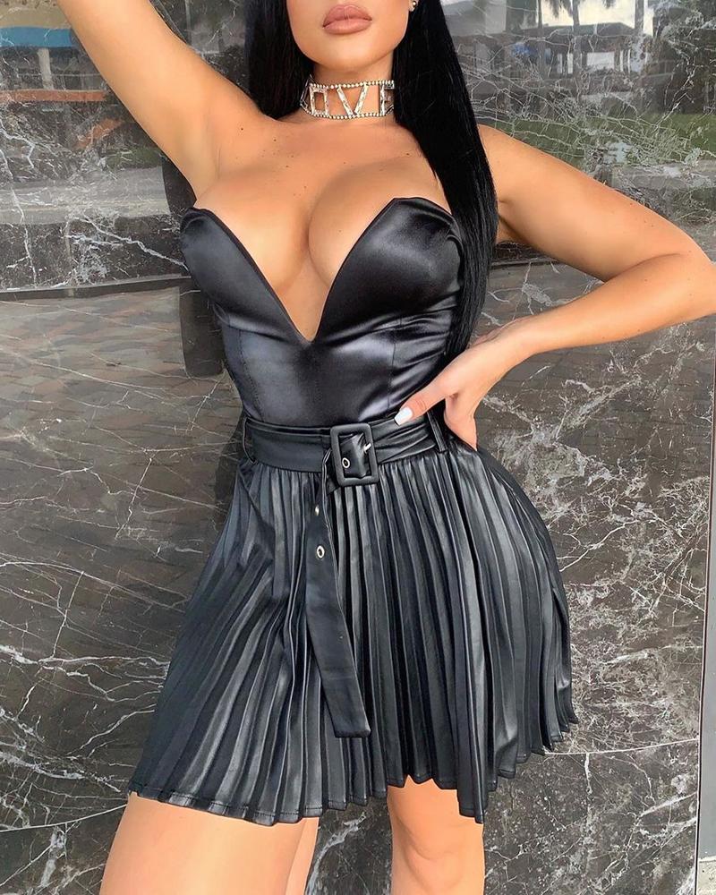 

PU Leather Off Shoulder Pleated Dress, Black