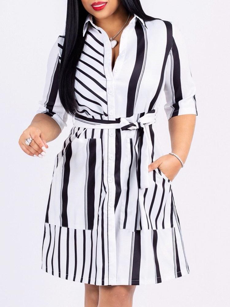 

Contrast Stripes Button Up Belted Shirt Dress, White