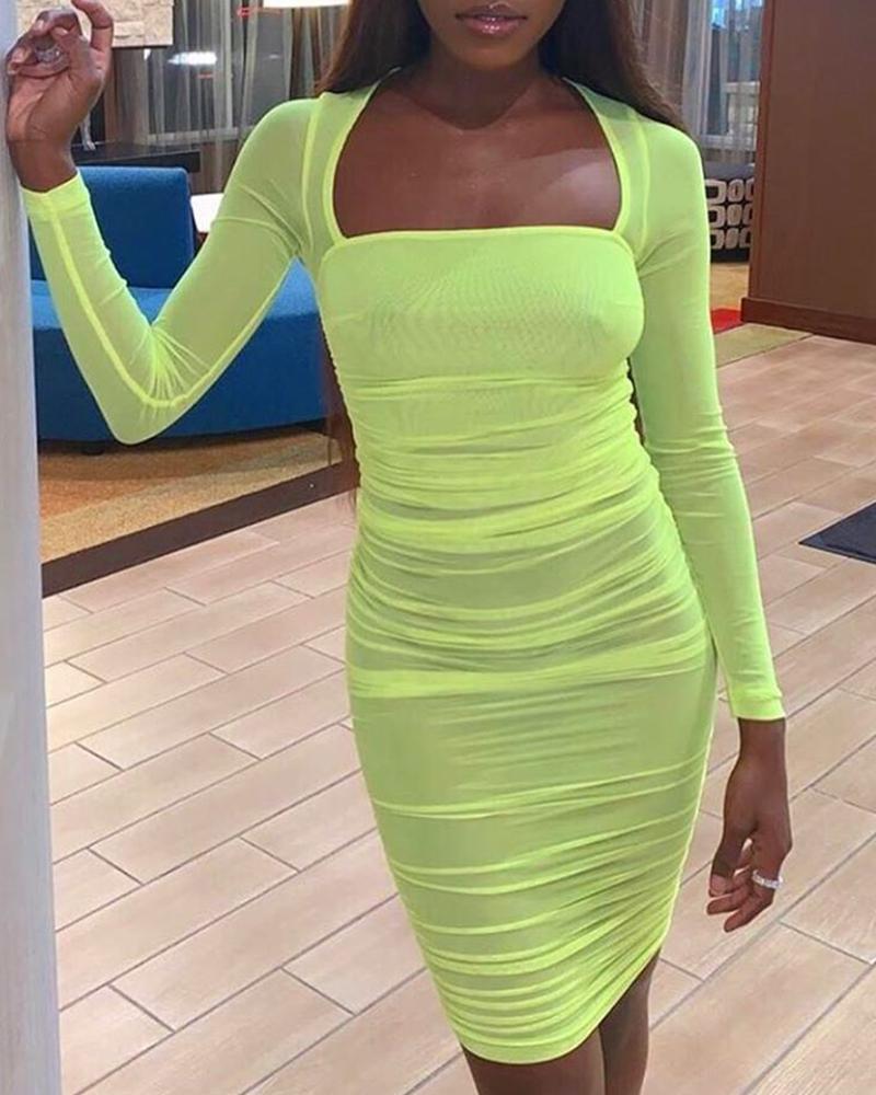 

Solid Mesh See Through Bodycon Dress, Green