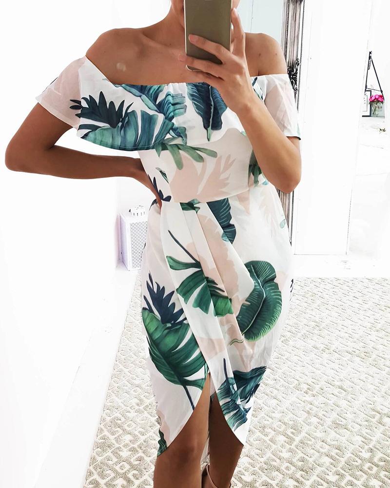 

Leaf Print Off Shoulder Ruffles Dress, Green