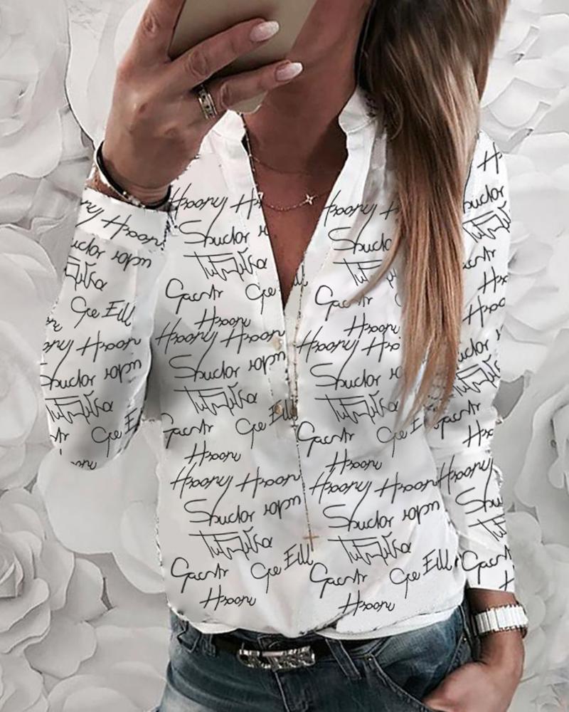 

Letter Print Long Sleeve Casual Blouse, White