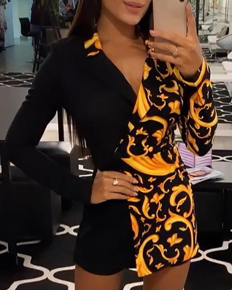

Turn-down Collar Colorblock Insert Retro Print Romper