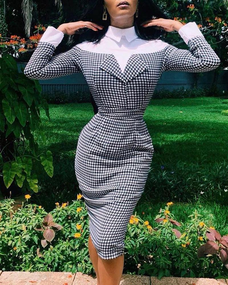 

Houndstooth Colorblock Long Sleeve Work Dress, Black
