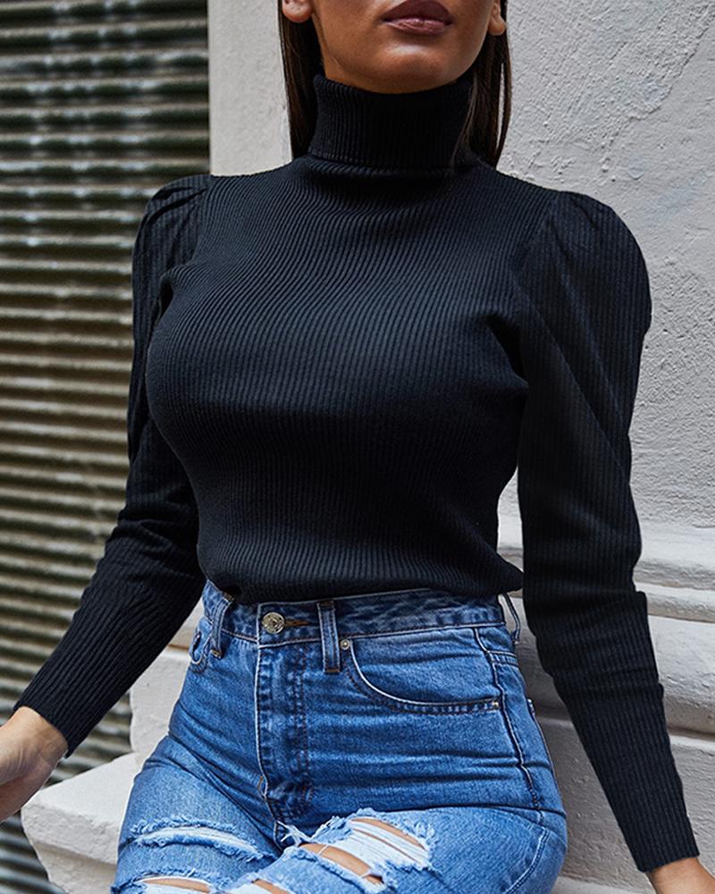 

Solid High Neck Ribbed Puff Sleeve Knitting Sweater, Black