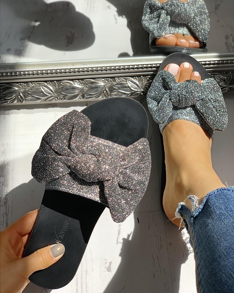 

Glitter Bowknot Design Open Toe Sandals, Silver