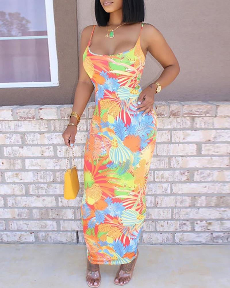 

Spaghetti Strap Tie Dye / Plant Print Maxi Dress, Orange