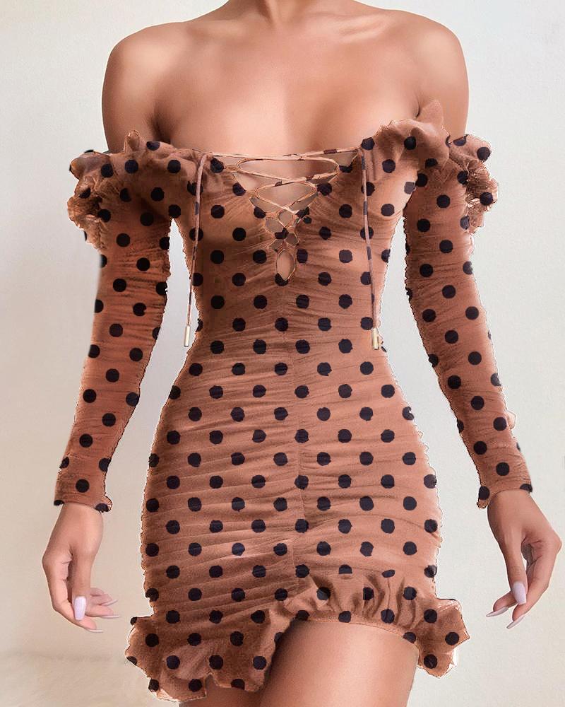 

Polka Dot Off Shoulder Frill Lace-up Ruched Bodycon Dress, Khaki