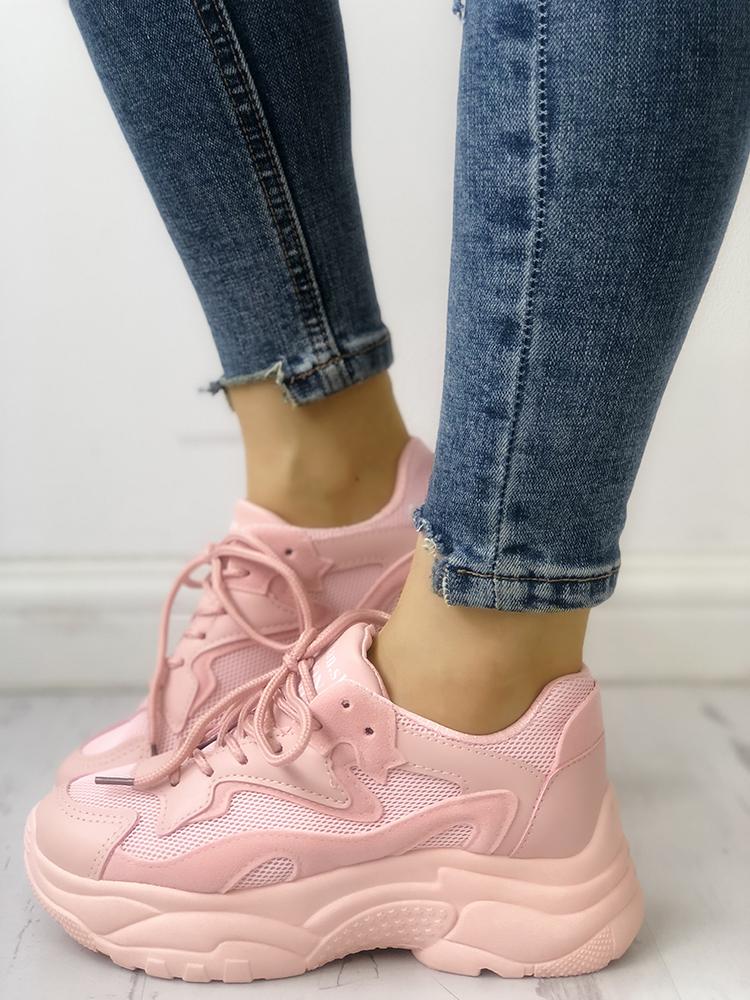

Breathable Net Lace-Up Muffin Sneakers, Pink