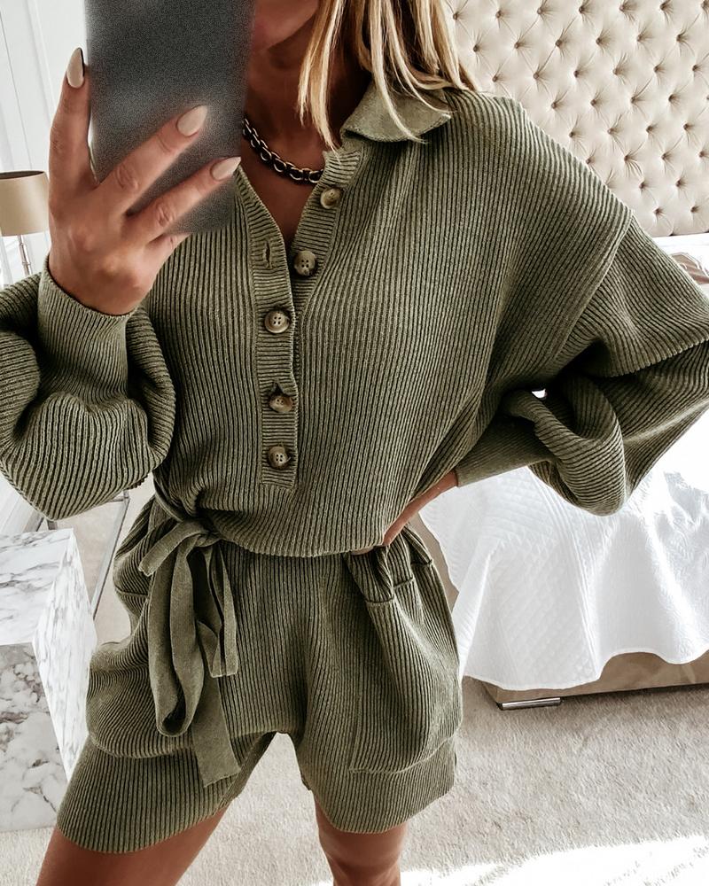 

Knit Button Design Long Sleeve Romper, Dark green