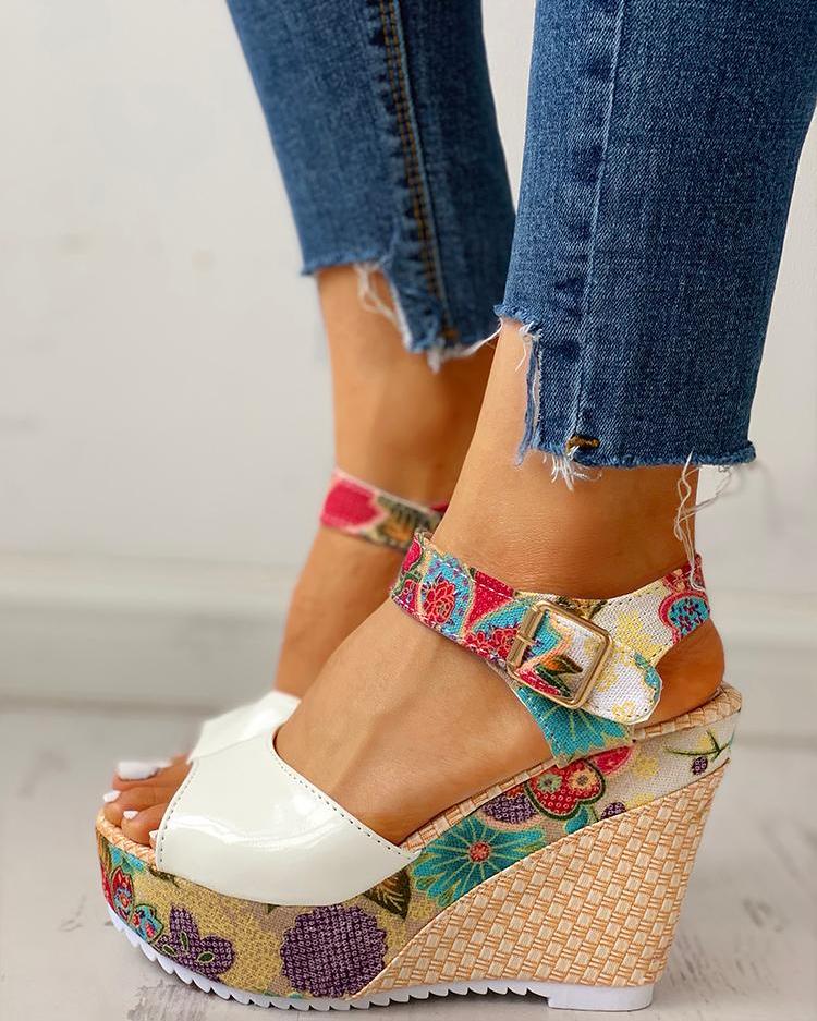 

Floral Peep-toe Platform Wedge Sandals, White