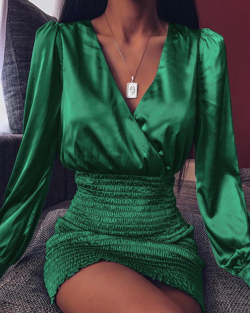 

Puffed Sleeve Tight Waist Mini Dress, Green