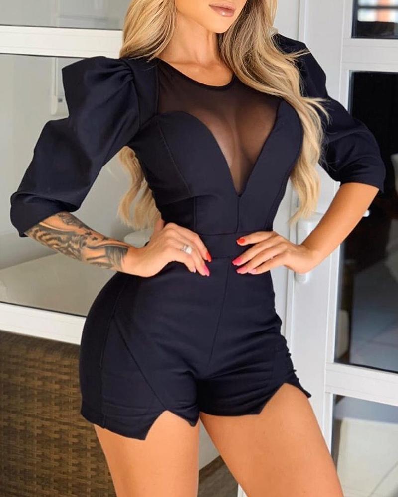

Solid Half Sleeve Mesh Splicing Romper, Black