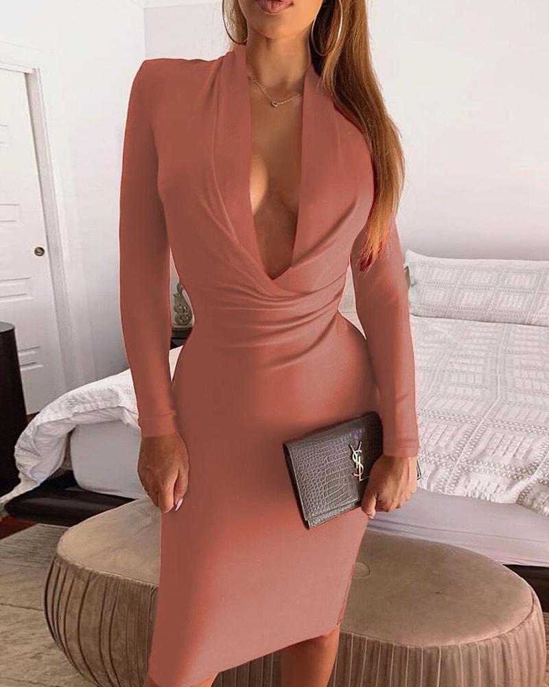 

Deep V Waterfall Bodycon Dress, Pink