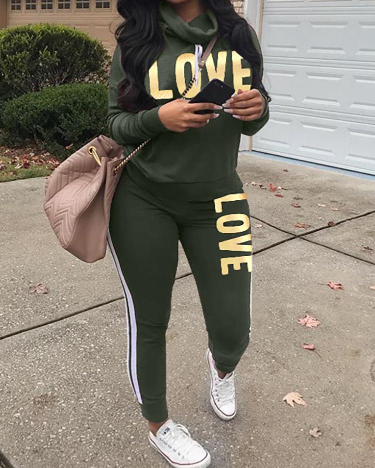 

Letter Print Heap Neck Top & Striped Tape Pants Set, Green