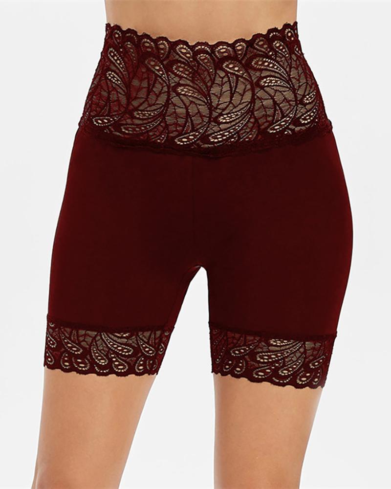 

High Waist Sheer Lace Biker Shorts, Wine red